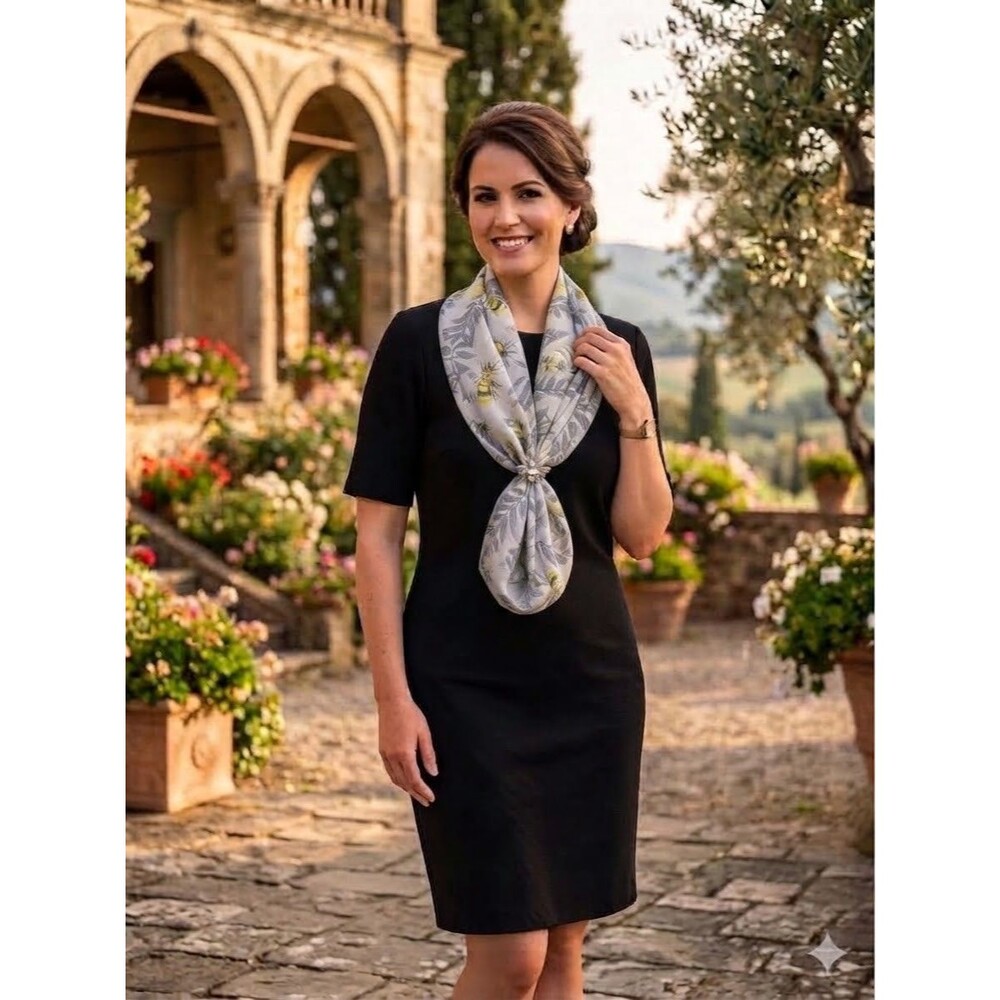 Mario Serrani Little Black Ribbed Dress L & Bonus Black & Yellow Honey Bee Scarf